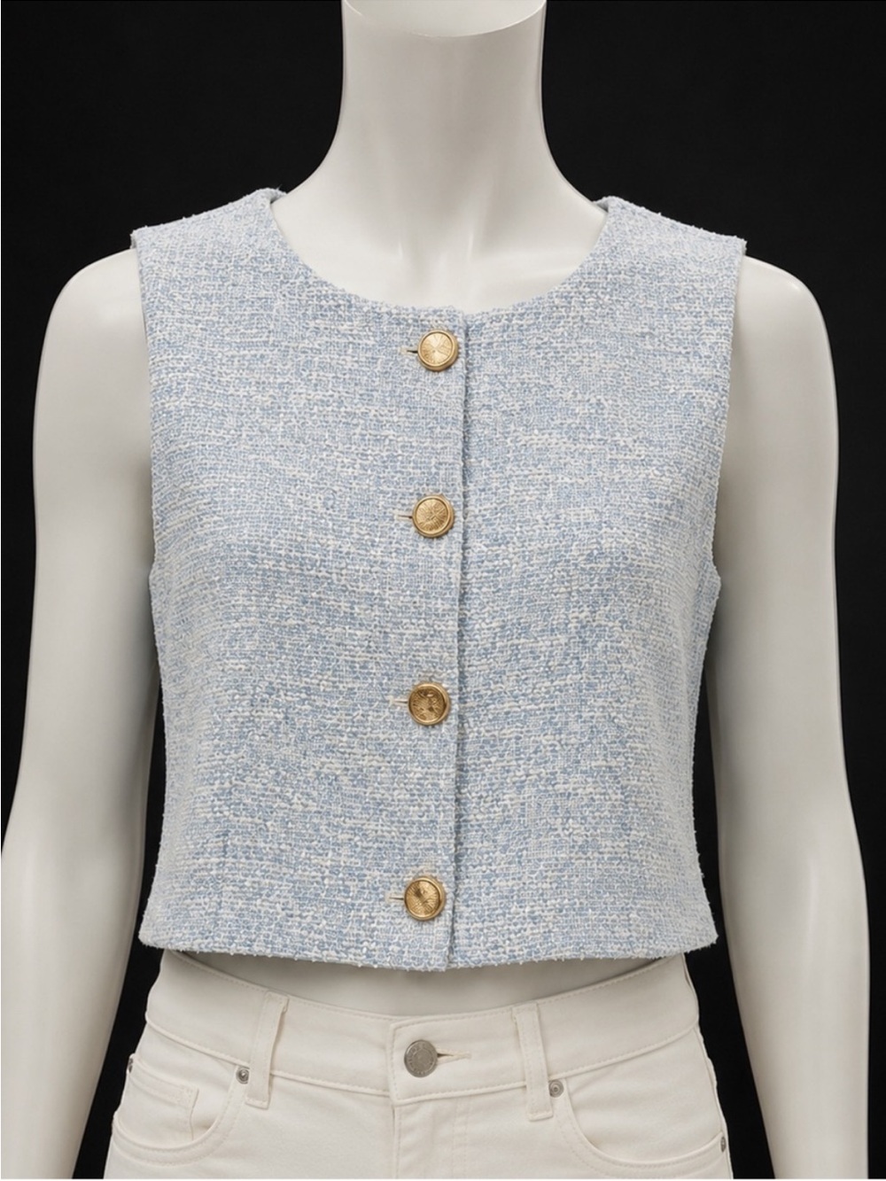 NWT Zara Light Blue Tweed Sleeveless Crop Top with Gold Buttons